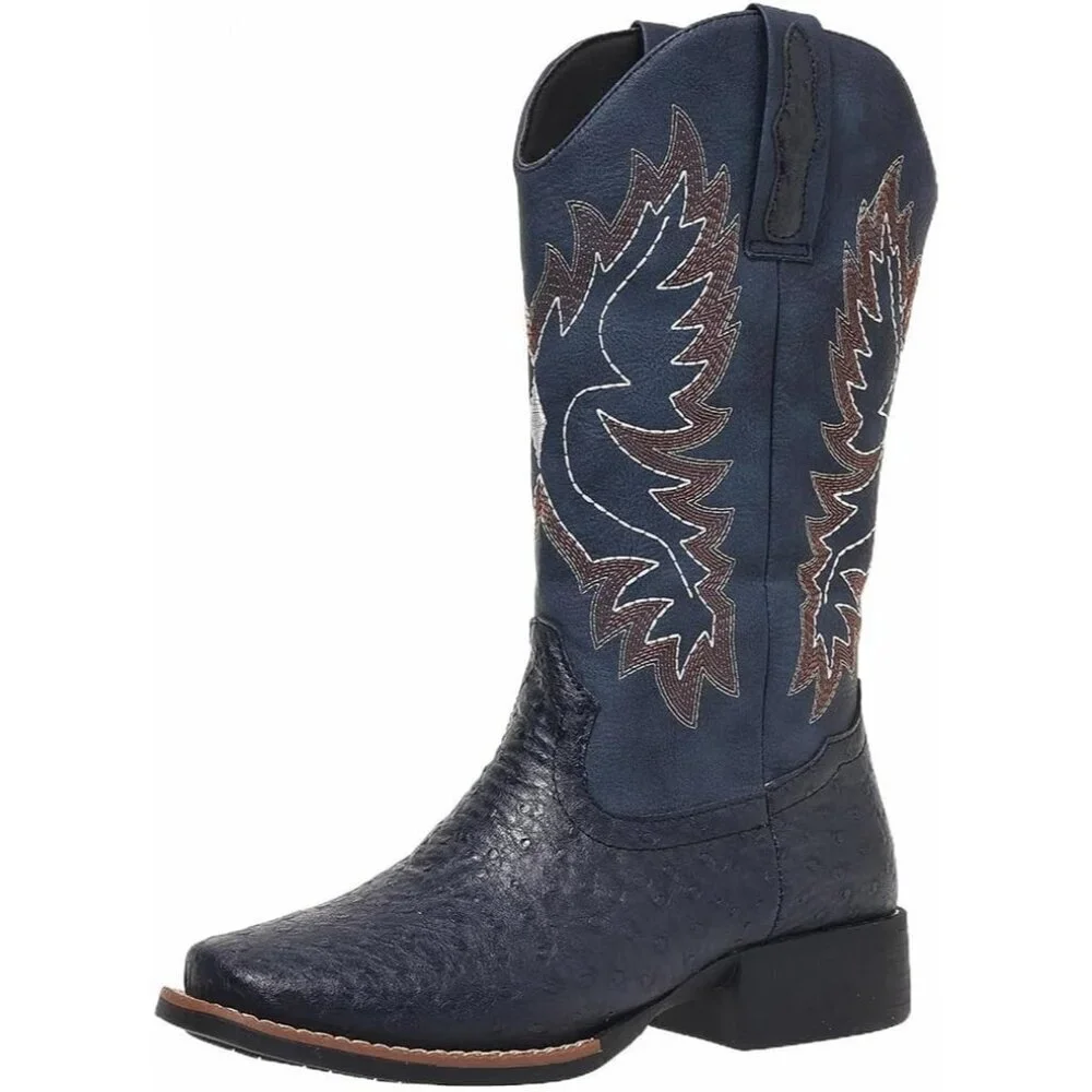 Women Blue Western Cowboy Boots for Mid Calf Cowgirl Boot Snip Toe Chunky Heel